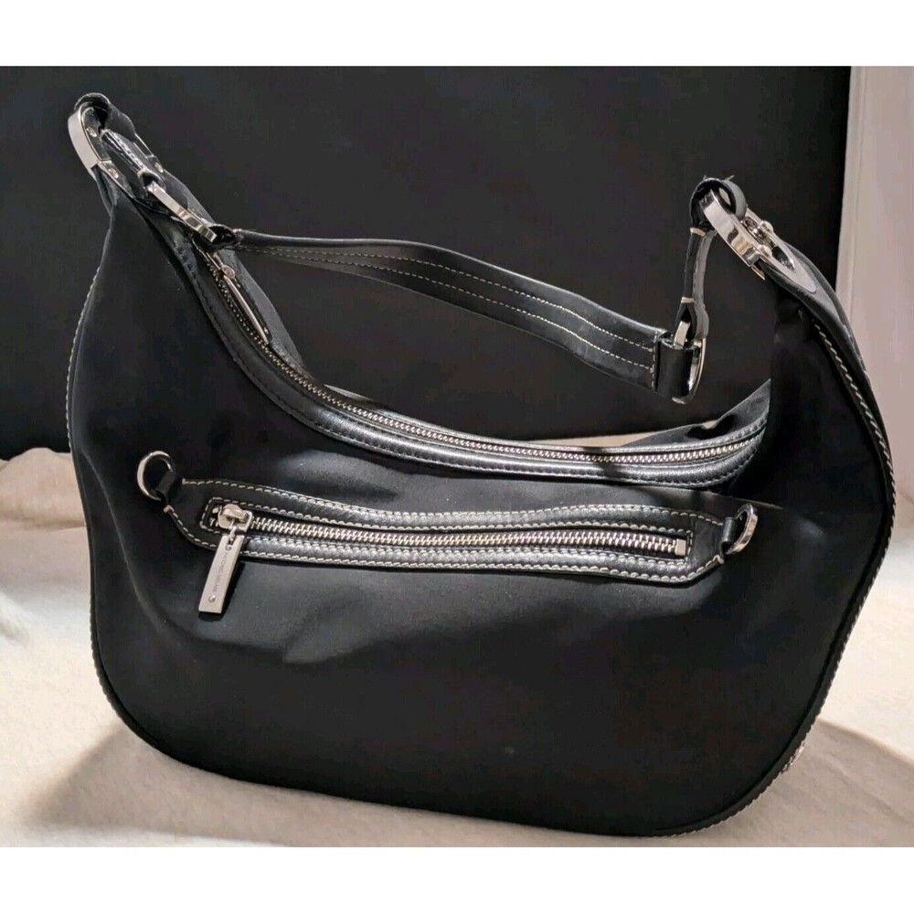 Antonio Melani Sporty Black Nylon Hobo Shoulder Bag Sliver Logo Hardware EUC